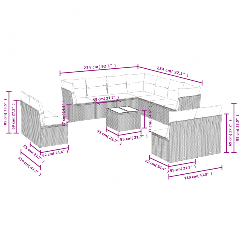 12-tlg. Garten-Sofagarnitur mit Kissen Hellgrau Poly Rattan