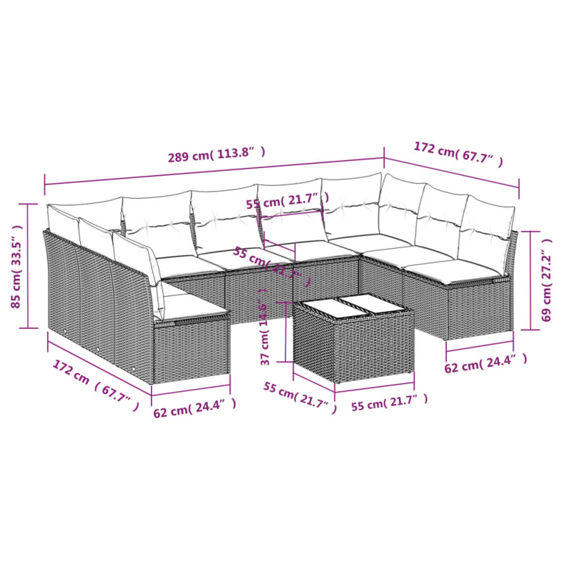 10-tlg. Garten-Sofagarnitur mit Kissen Braun Poly Rattan
