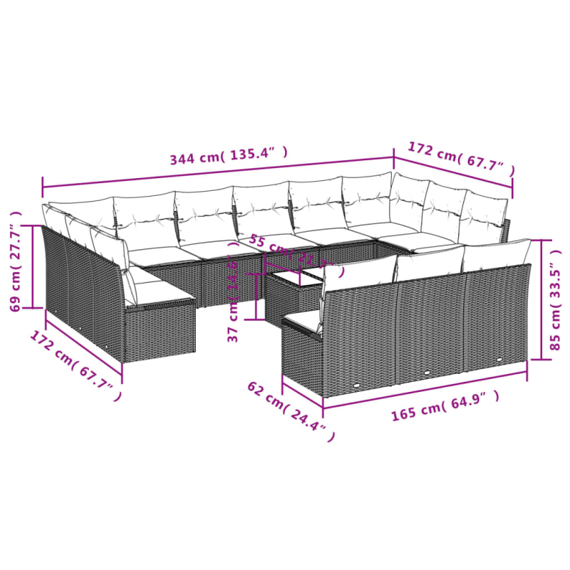 14-tlg. Garten-Sofagarnitur mit Kissen Braun Poly Rattan