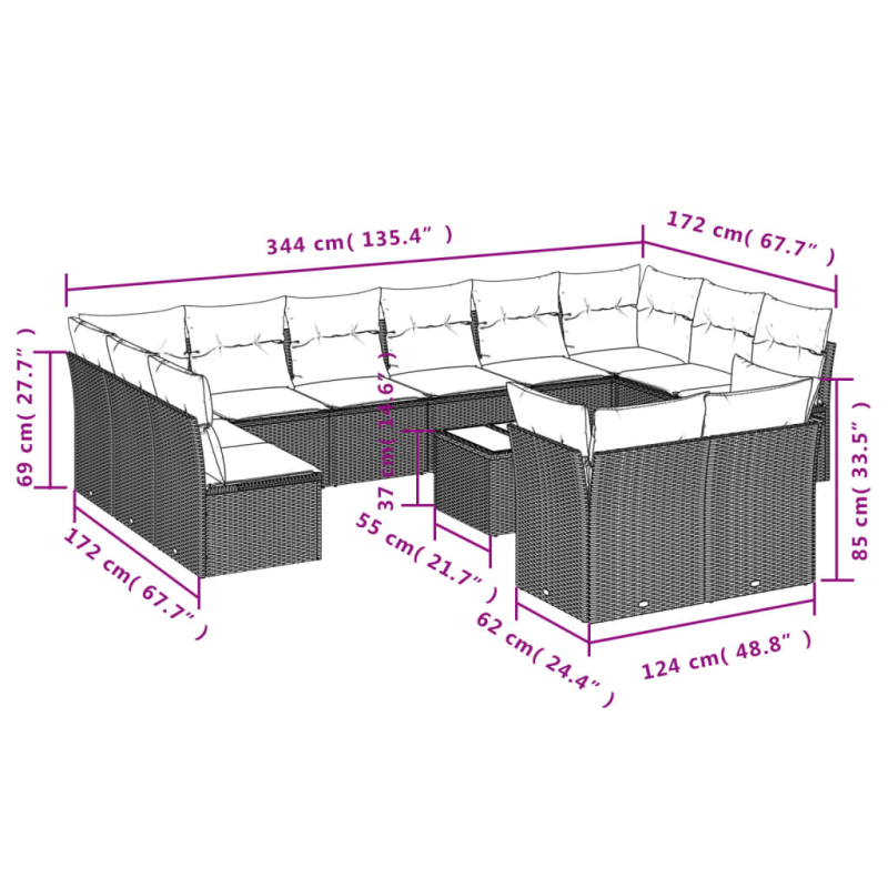13-tlg. Garten-Sofagarnitur mit Kissen Braun Poly Rattan