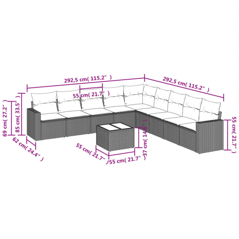 10-tlg. Garten-Sofagarnitur mit Kissen Schwarz Poly Rattan