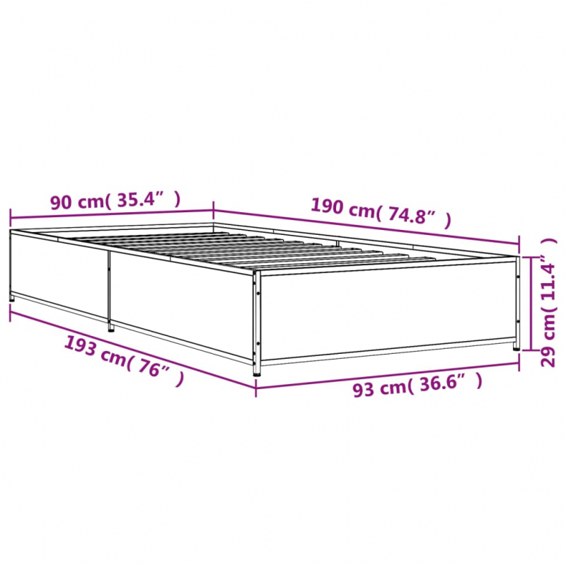 Bettgestell Grau Sonoma 90x190 cm Holzwerkstoff und Metall