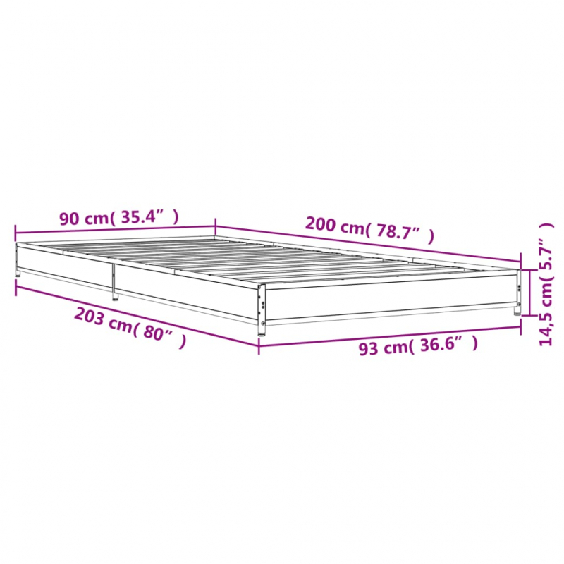 Bettgestell Grau Sonoma 90x200 cm Holzwerkstoff und Metall