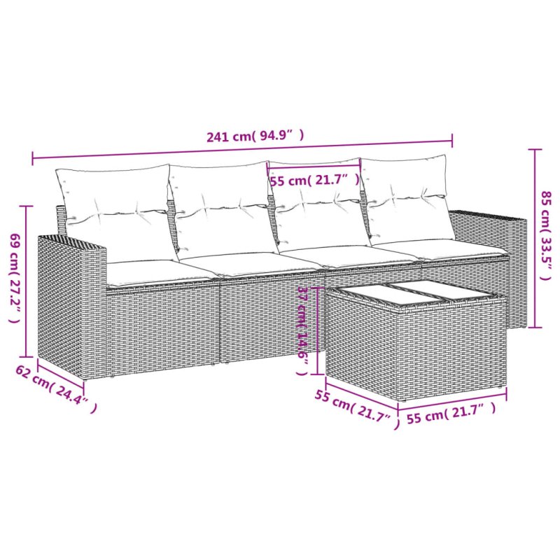 5-tlg. Garten-Sofagarnitur mit Kissen Braun Poly Rattan