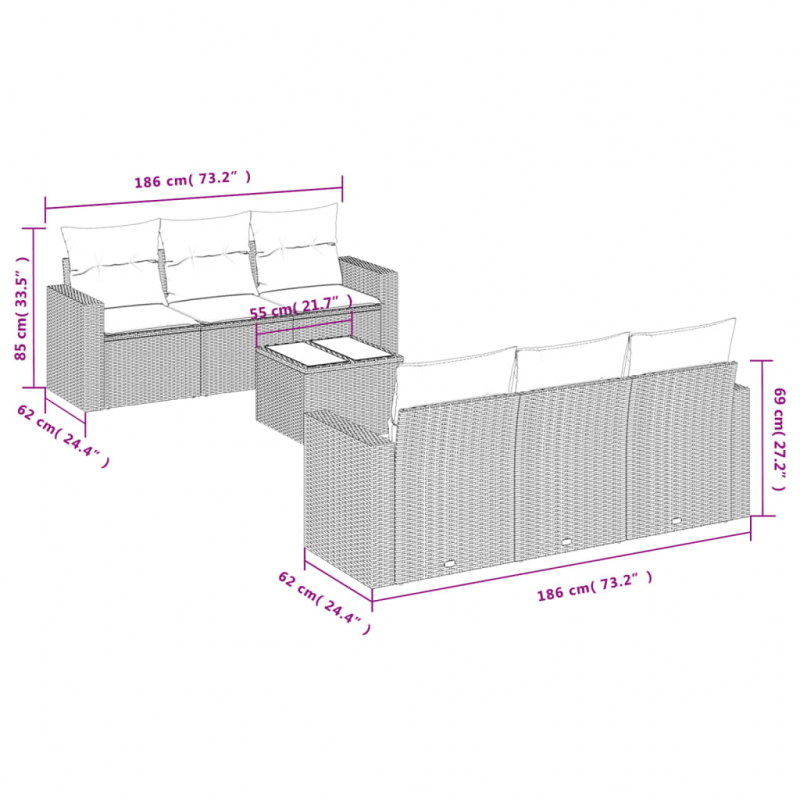 7-tlg. Garten-Sofagarnitur mit Kissen Grau Poly Rattan