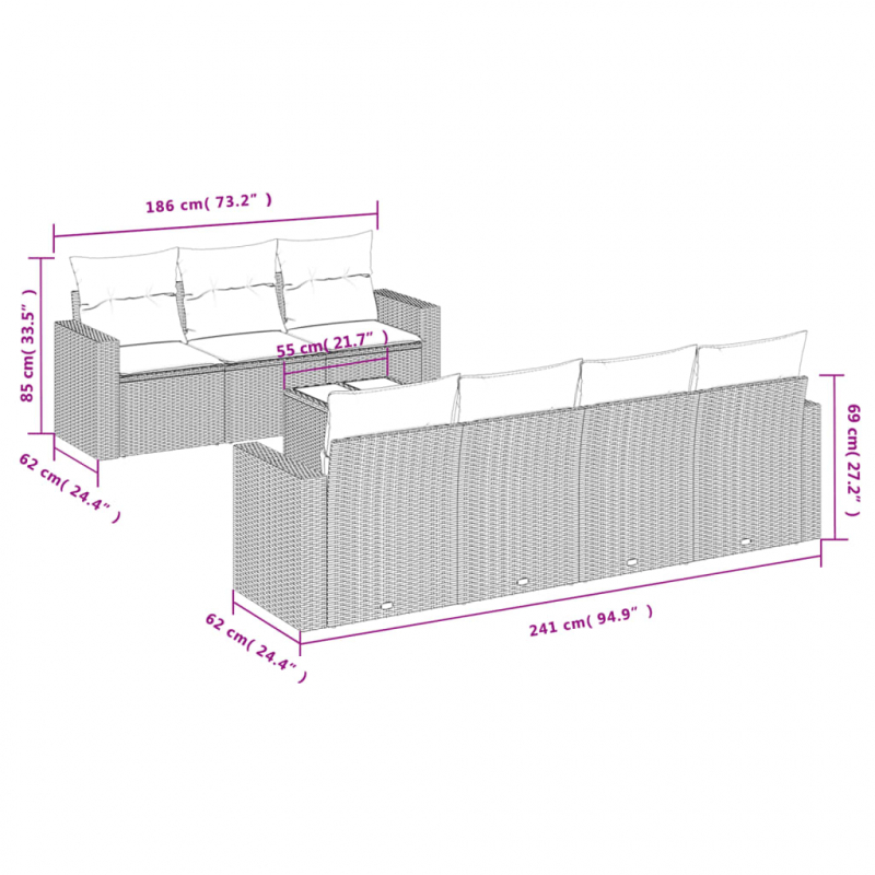 8-tlg. Garten-Sofagarnitur mit Kissen Grau Poly Rattan