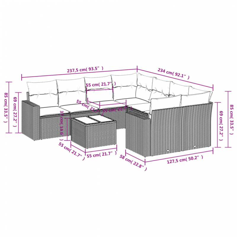 9-tlg. Garten-Sofagarnitur mit Kissen Schwarz Poly Rattan