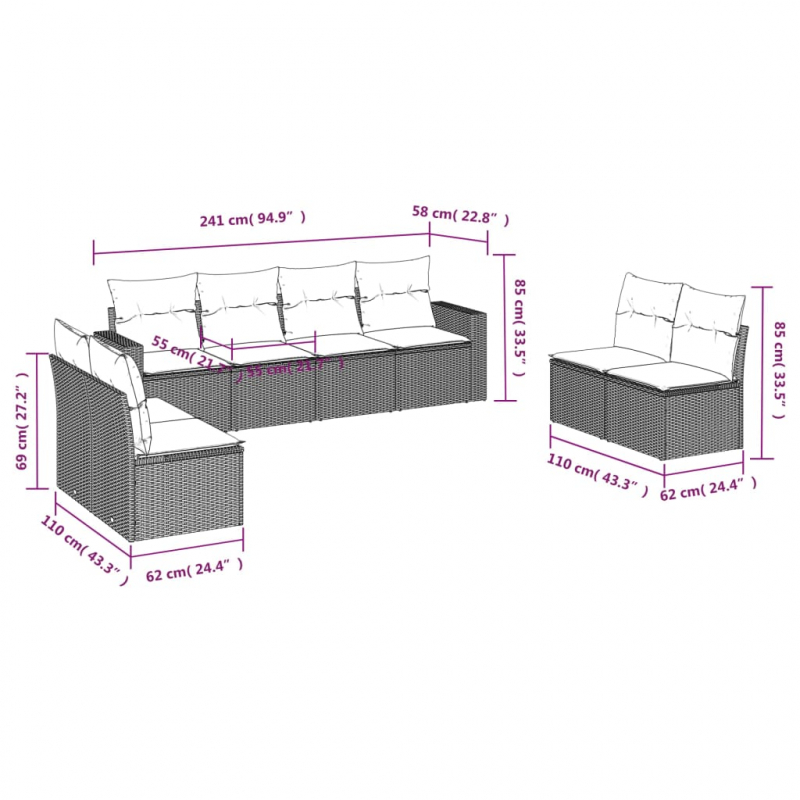 8-tlg. Garten-Sofagarnitur mit Kissen Grau Poly Rattan