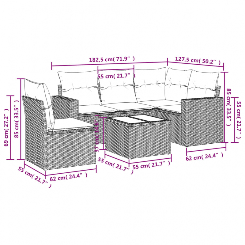 6-tlg. Garten-Sofagarnitur mit Kissen Schwarz Poly Rattan