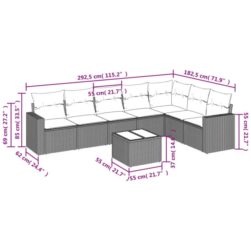 8-tlg. Garten-Sofagarnitur mit Kissen Beige Poly Rattan