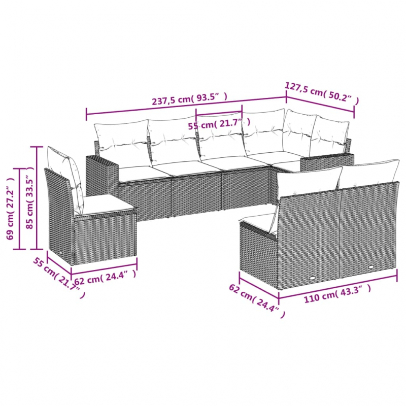 8-tlg. Garten-Sofagarnitur mit Kissen Grau Poly Rattan