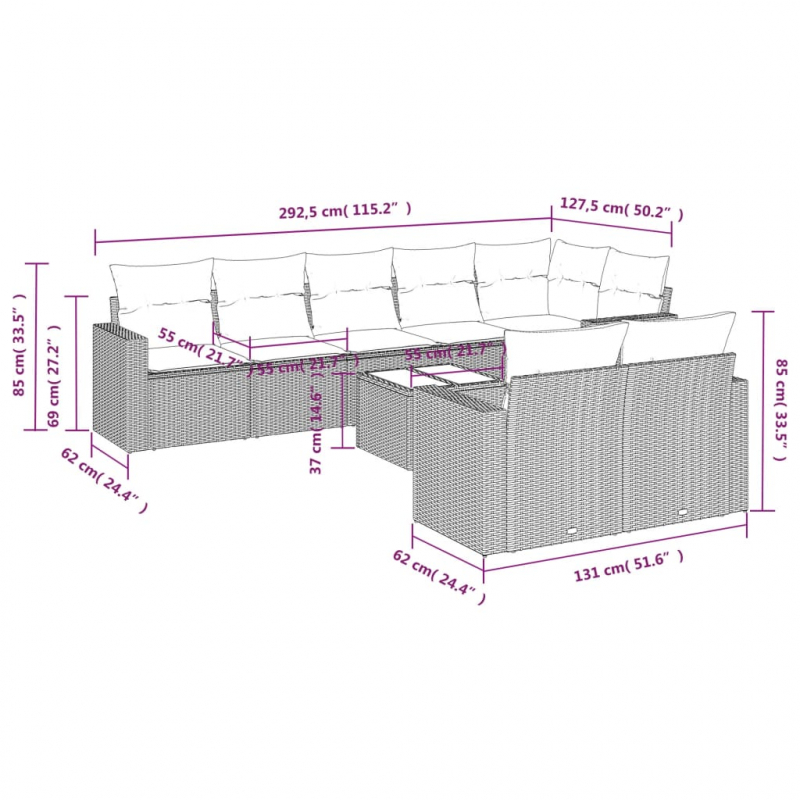 9-tlg. Garten-Sofagarnitur mit Kissen Hellgrau Poly Rattan