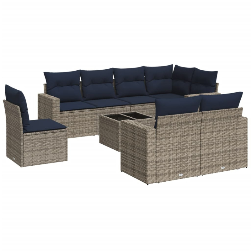 9-tlg. Garten-Sofagarnitur mit Kissen Grau Poly Rattan