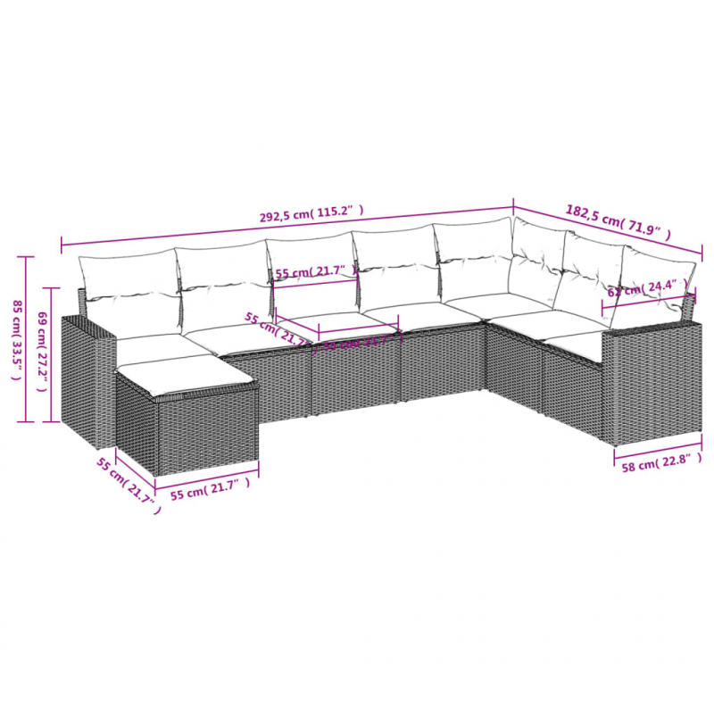 8-tlg. Garten-Sofagarnitur mit Kissen Grau Poly Rattan