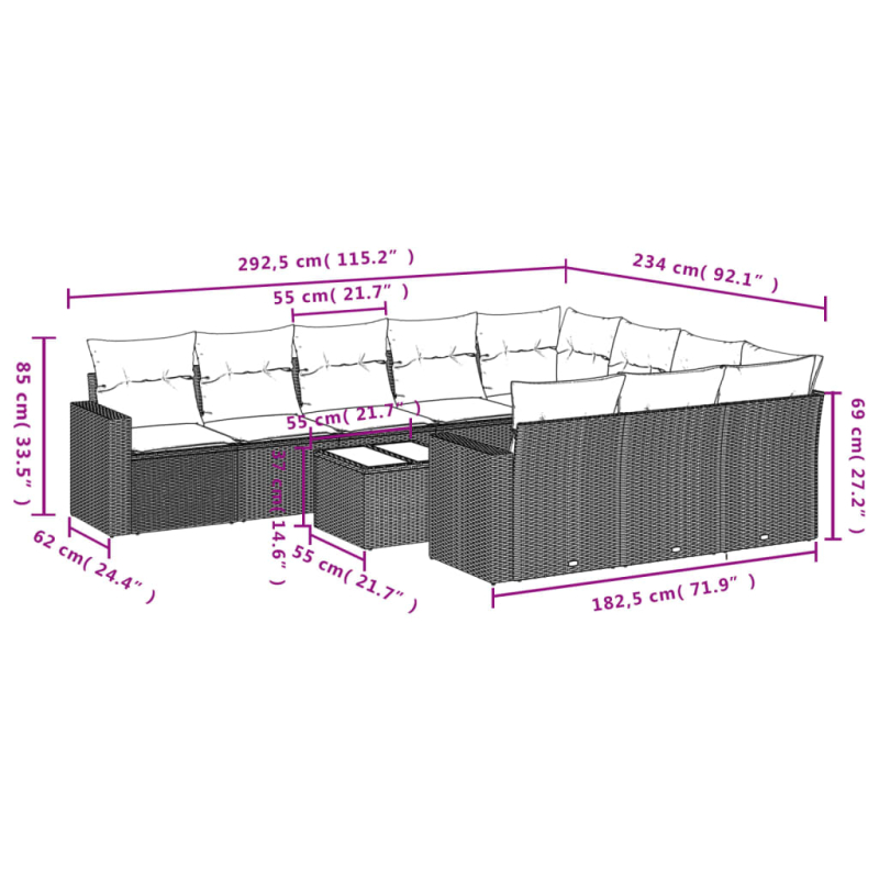 11-tlg. Garten-Sofagarnitur mit Kissen Braun Poly Rattan