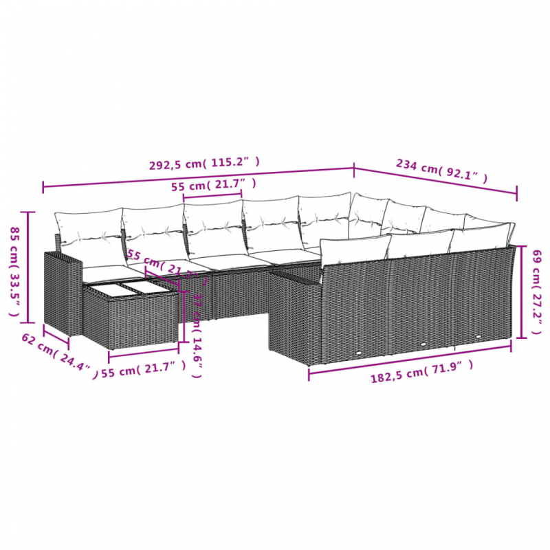 11-tlg. Garten-Sofagarnitur mit Kissen Grau Poly Rattan