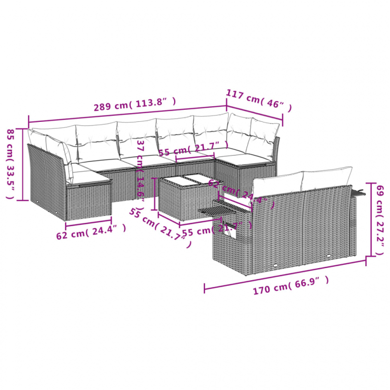 10-tlg. Garten-Sofagarnitur mit Kissen Hellgrau Poly Rattan