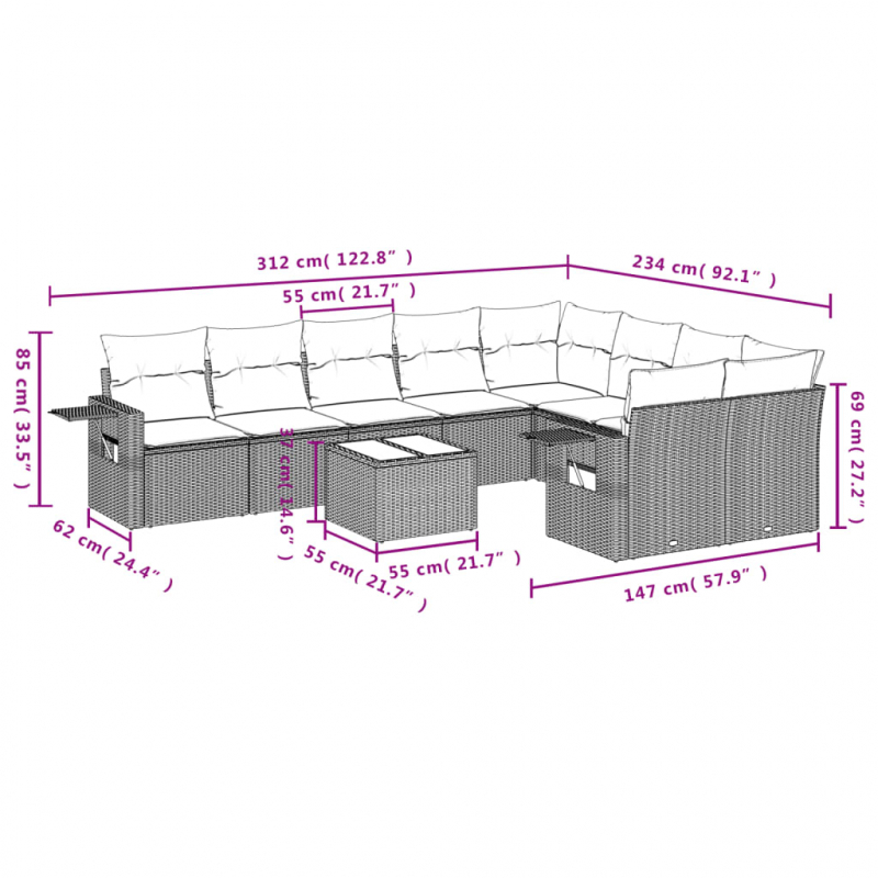 10-tlg. Garten-Sofagarnitur mit Kissen Hellgrau Poly Rattan