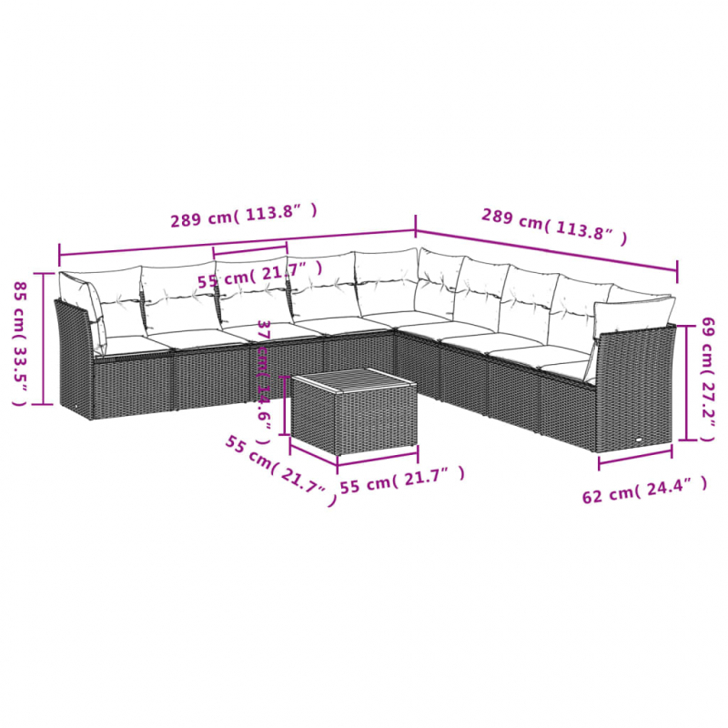 10-tlg. Garten-Sofagarnitur mit Kissen Schwarz Poly Rattan