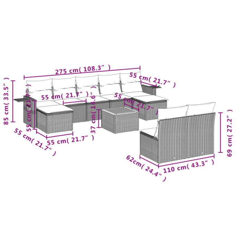 10-tlg. Garten-Sofagarnitur mit Kissen Schwarz Poly Rattan