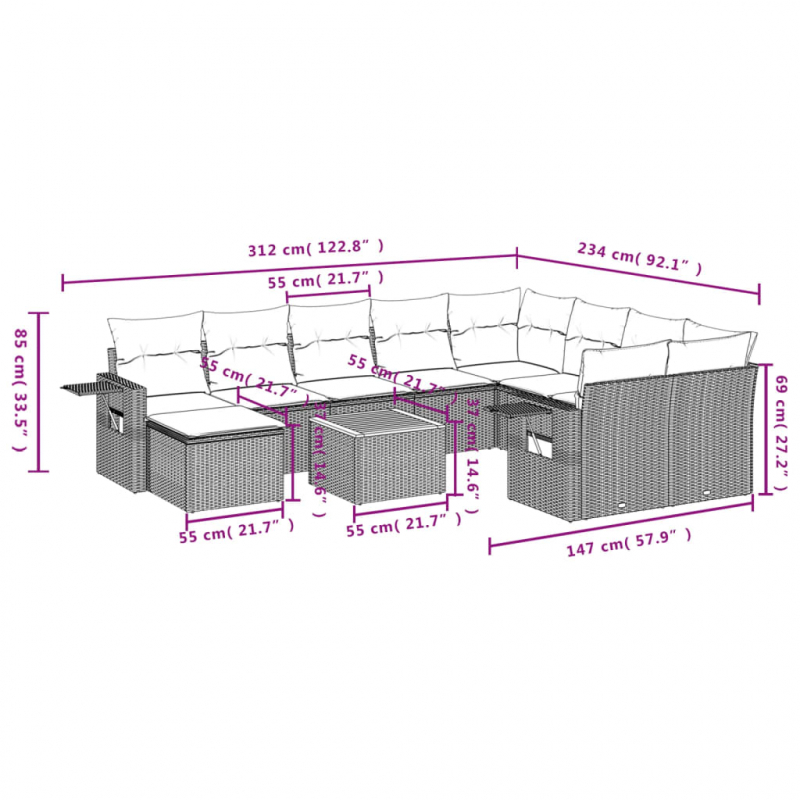11-tlg. Garten-Sofagarnitur mit Kissen Grau Poly Rattan
