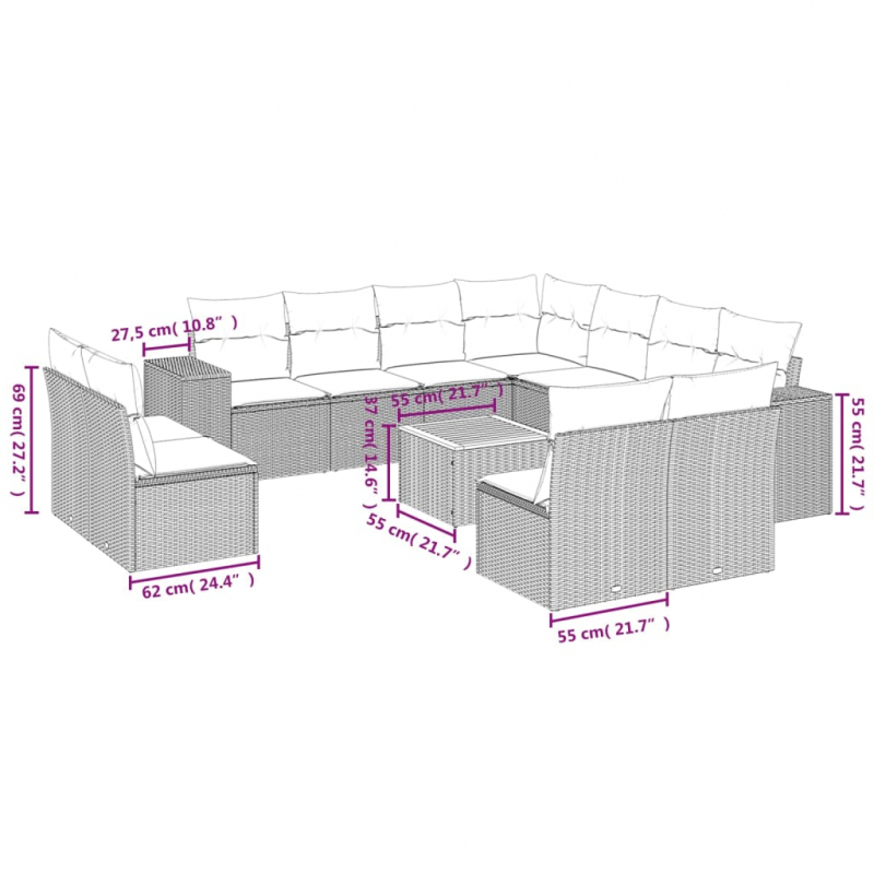 12-tlg. Garten-Sofagarnitur mit Kissen Grau Poly Rattan