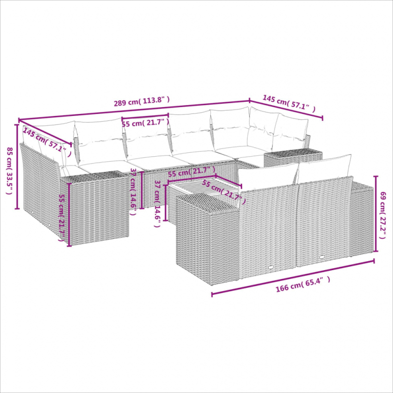 10-tlg. Garten-Sofagarnitur mit Kissen Grau Poly Rattan