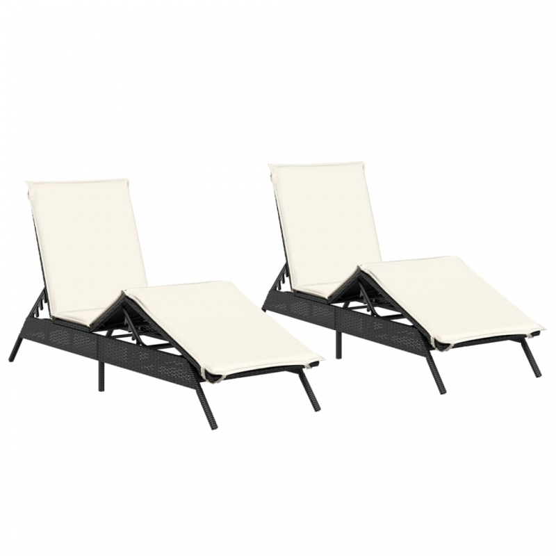 Sonnenliegen mit Auflagen 2 Stk. Schwarz Poly Rattan