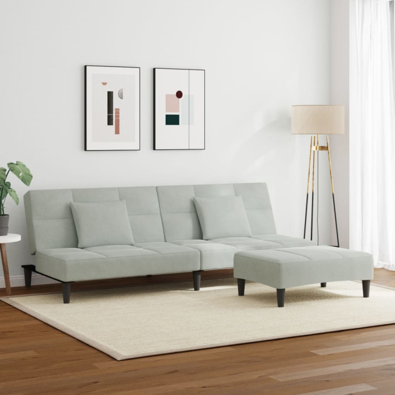 Schlafsofa 2-Sitzer mit Fußhocker Hellgrau Samt