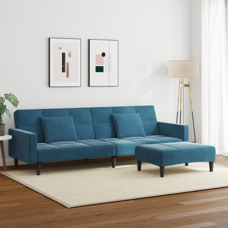 Schlafsofa 2-Sitzer mit Fußhocker Blau Samt