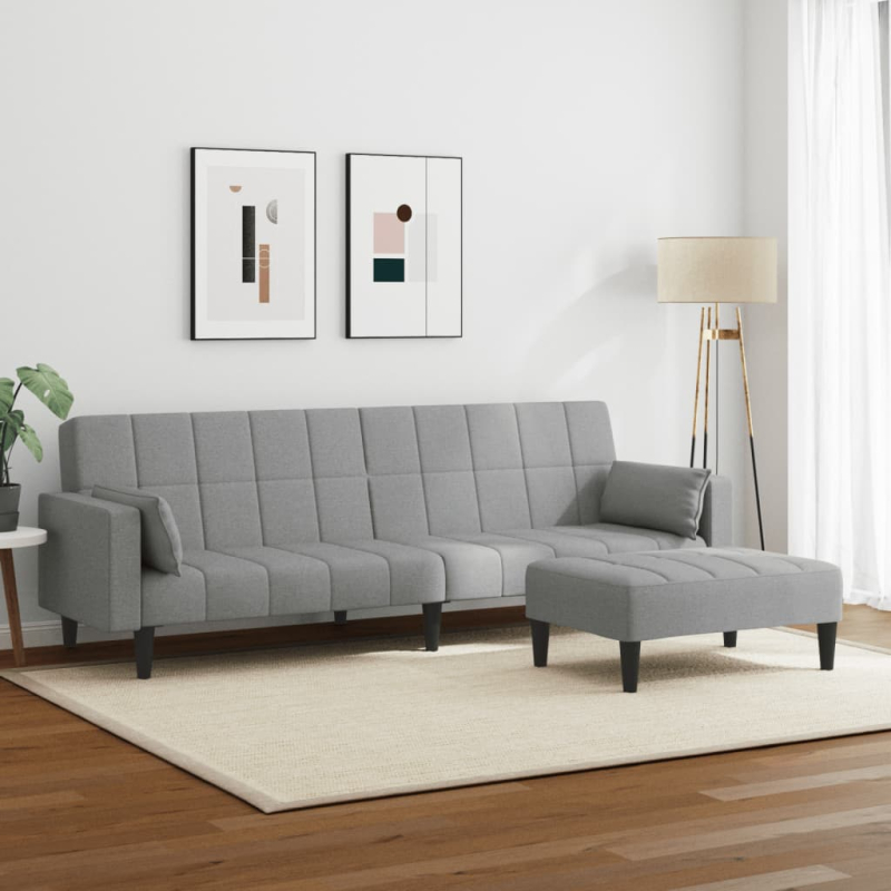 Schlafsofa 2-Sitzer mit Fußhocker Hellgrau Stoff