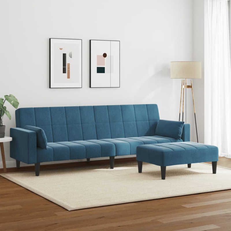 Schlafsofa 2-Sitzer mit Fußhocker Blau Samt