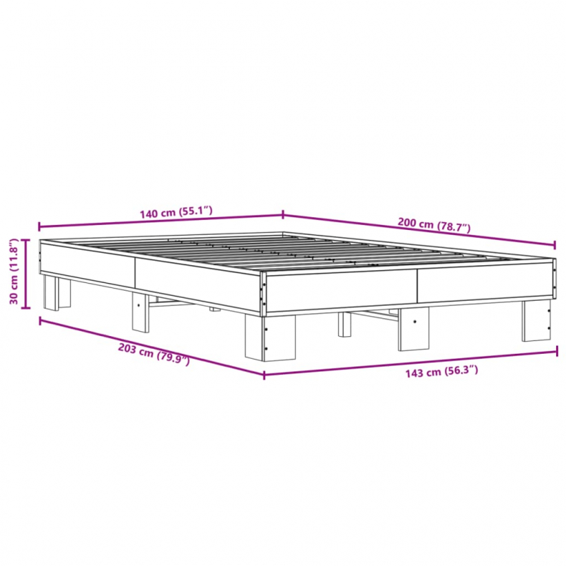 Bettgestell Grau Sonoma 140x200 cm Holzwerkstoff und Metall