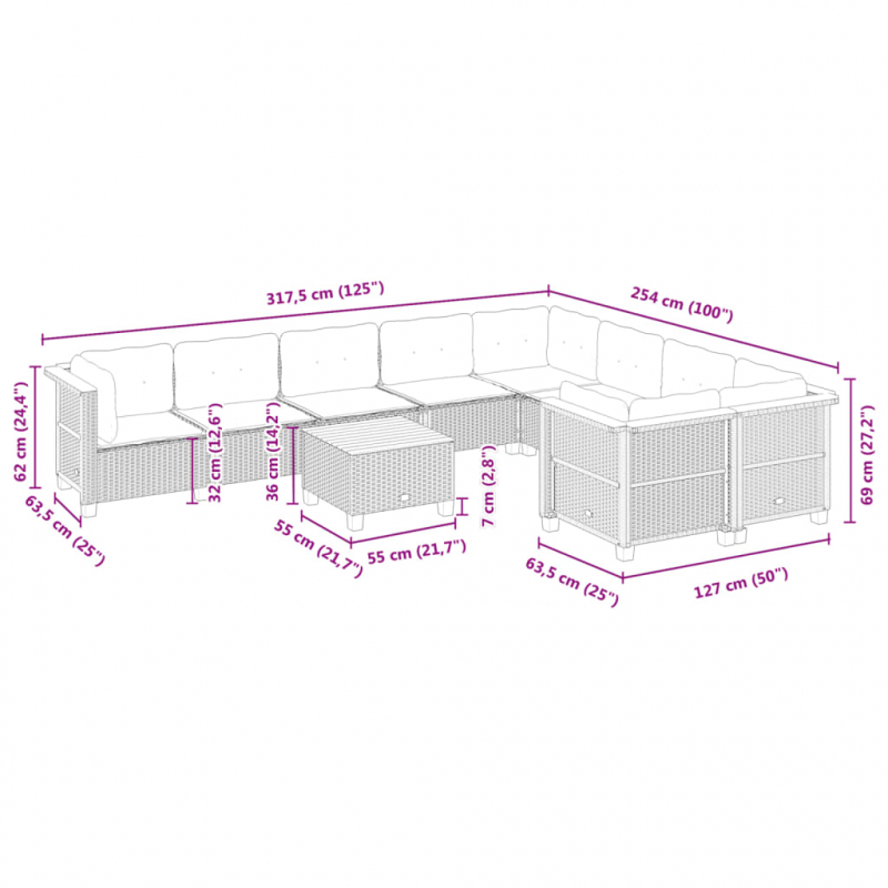 10-tlg. Garten-Sofagarnitur mit Kissen Schwarz Poly Rattan