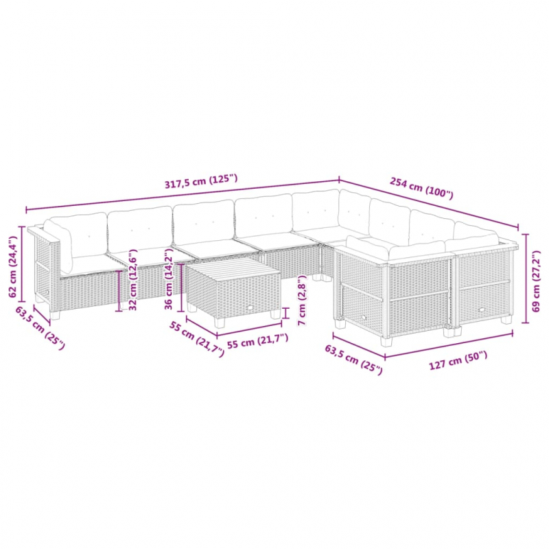 10-tlg. Garten-Sofagarnitur mit Kissen Grau Poly Rattan