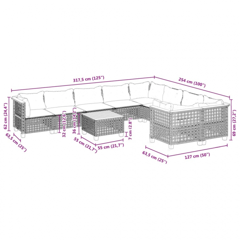 10-tlg. Garten-Sofagarnitur mit Kissen Grau Poly Rattan
