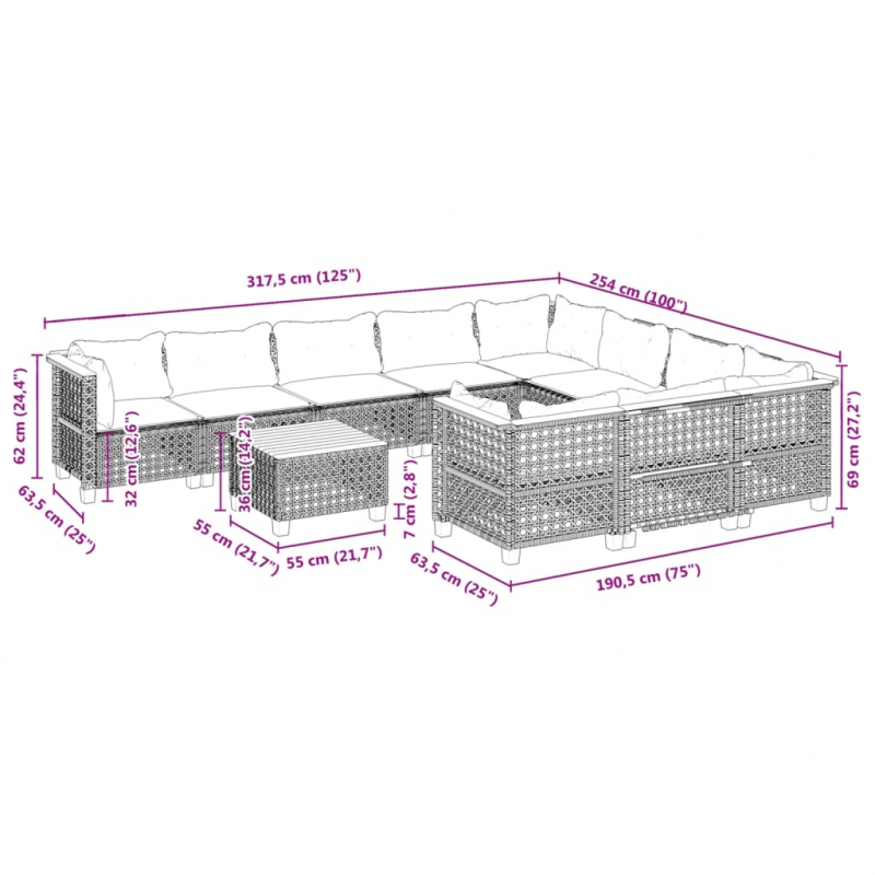 11-tlg. Garten-Sofagarnitur mit Kissen Schwarz Poly Rattan