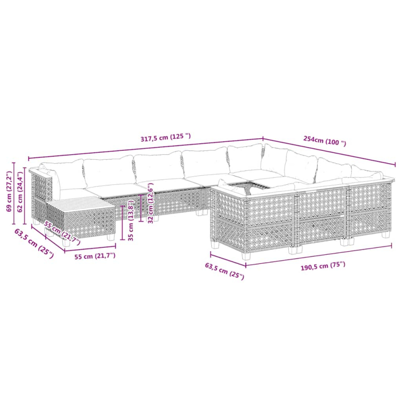 11-tlg. Garten-Sofagarnitur mit Kissen Beige Poly Rattan