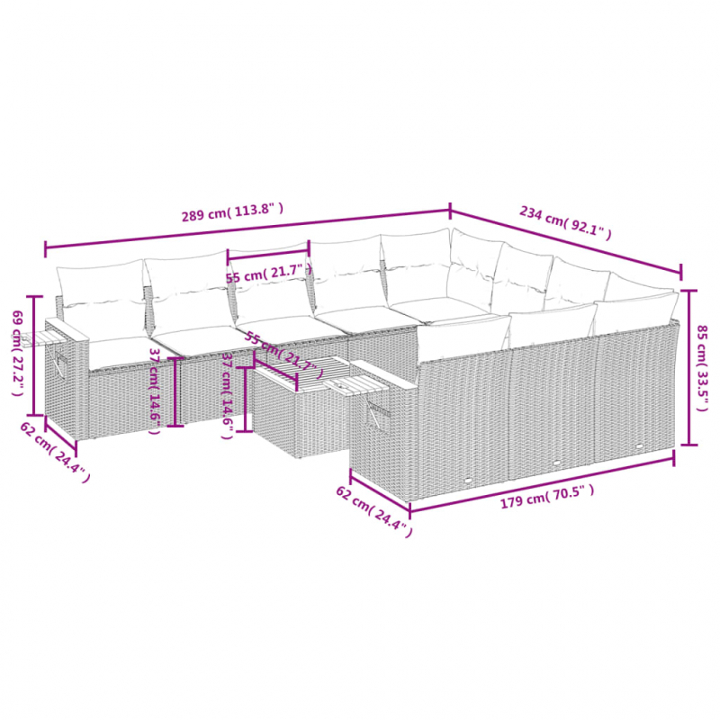 11-tlg. Garten-Sofagarnitur mit Kissen Beige Poly Rattan