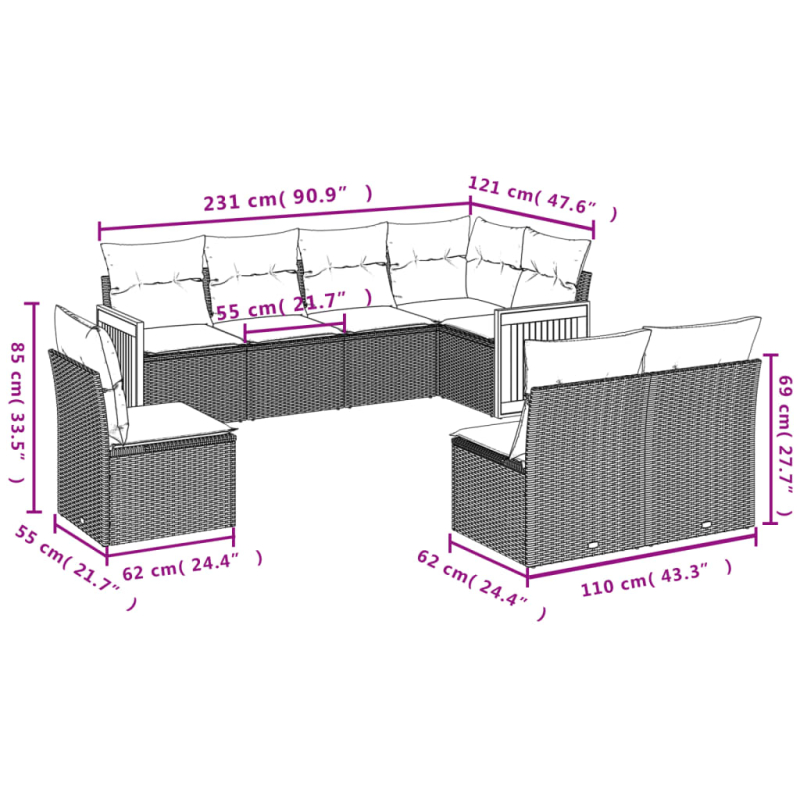 8-tlg. Garten-Sofagarnitur mit Kissen Grau Poly Rattan