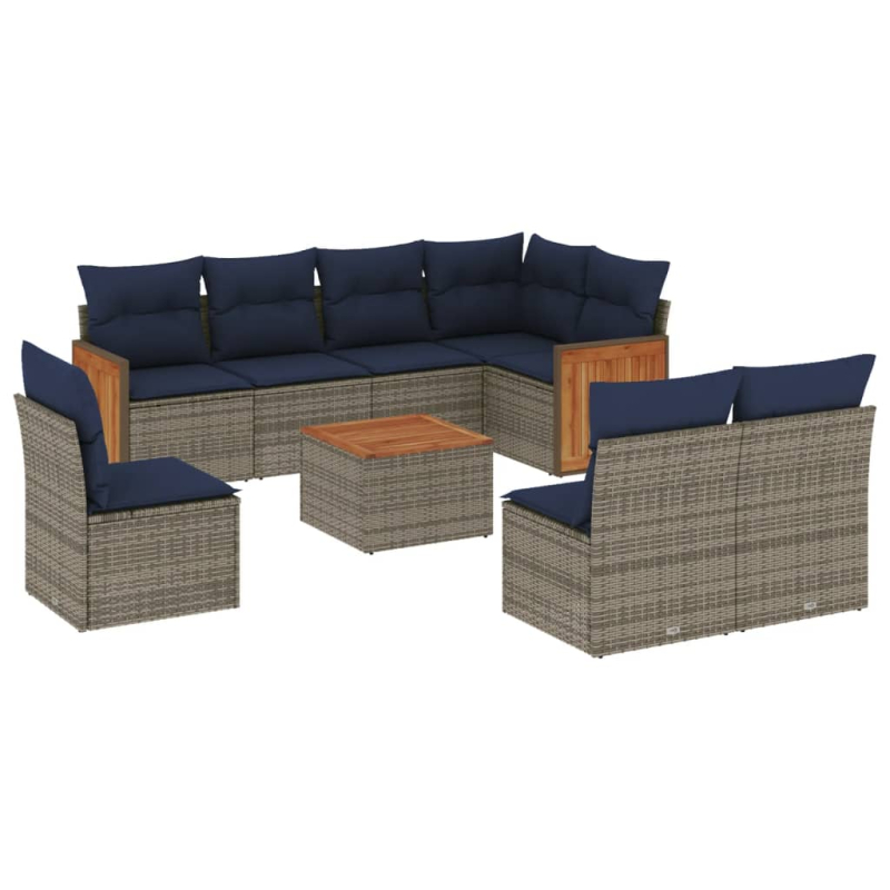 9-tlg. Garten-Sofagarnitur mit Kissen Grau Poly Rattan