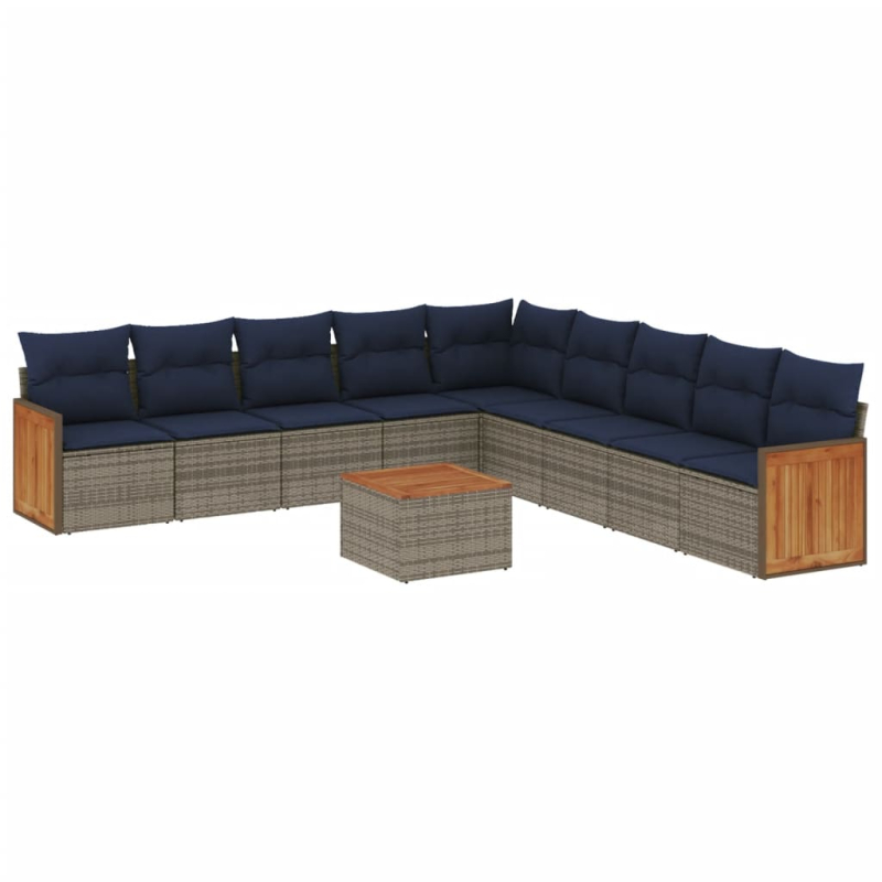 10-tlg. Garten-Sofagarnitur mit Kissen Grau Poly Rattan