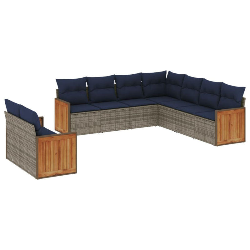 9-tlg. Garten-Sofagarnitur mit Kissen Grau Poly Rattan