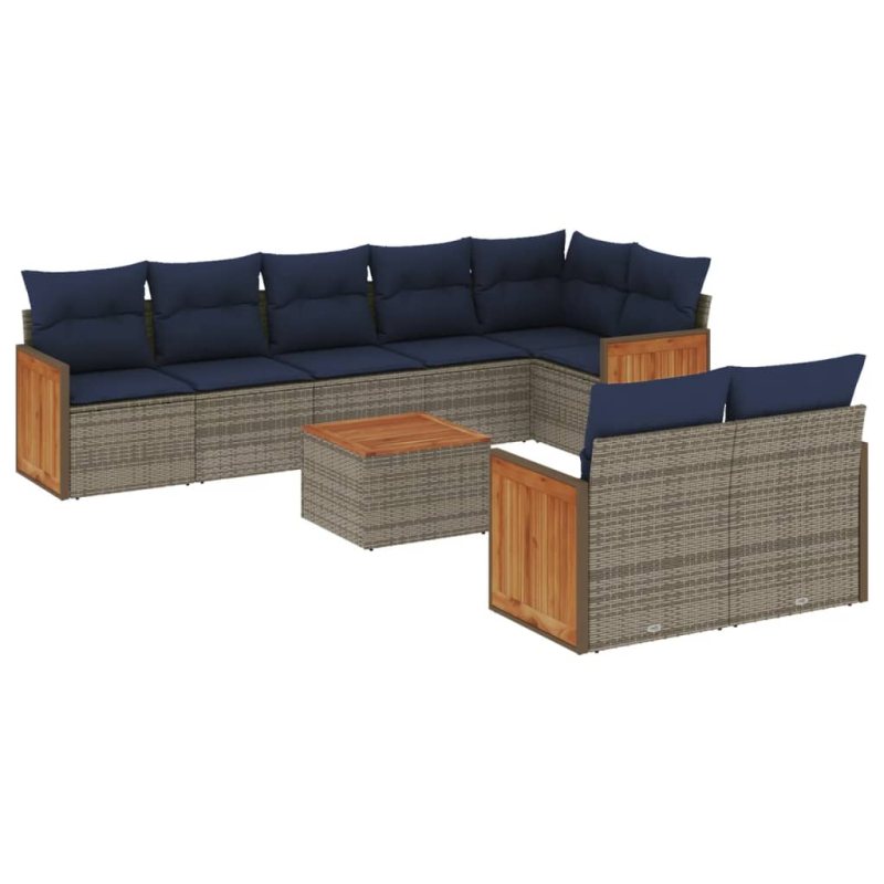 9-tlg. Garten-Sofagarnitur mit Kissen Grau Poly Rattan