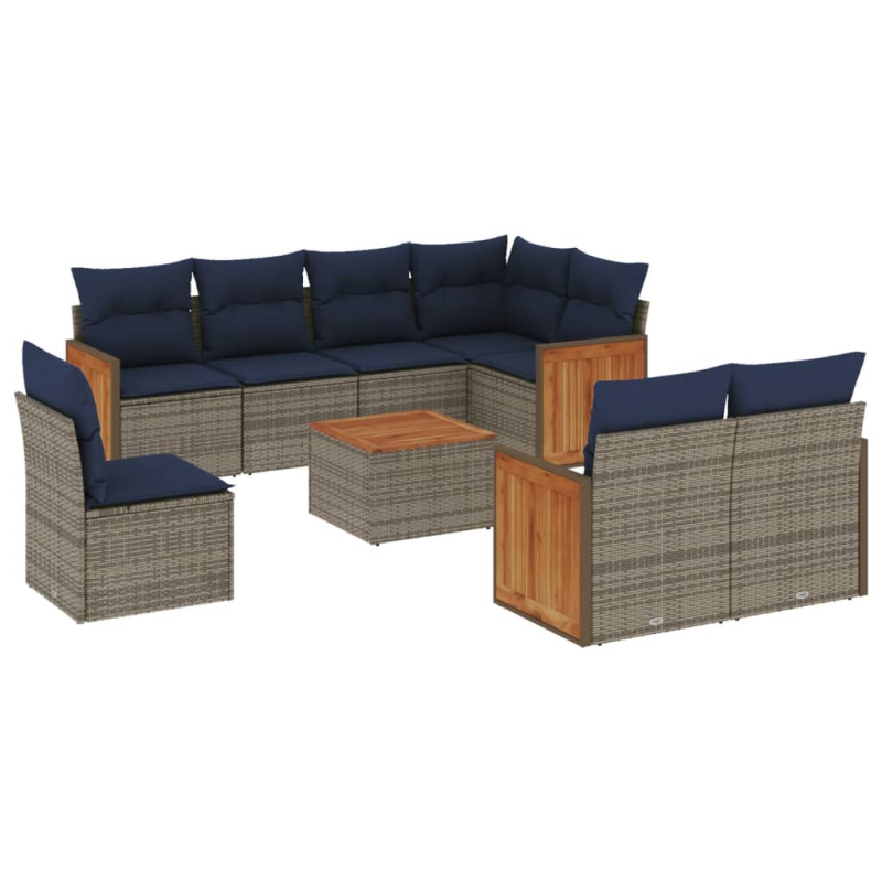 9-tlg. Garten-Sofagarnitur mit Kissen Grau Poly Rattan