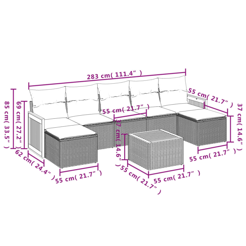 8-tlg. Garten-Sofagarnitur mit Kissen Grau Poly Rattan