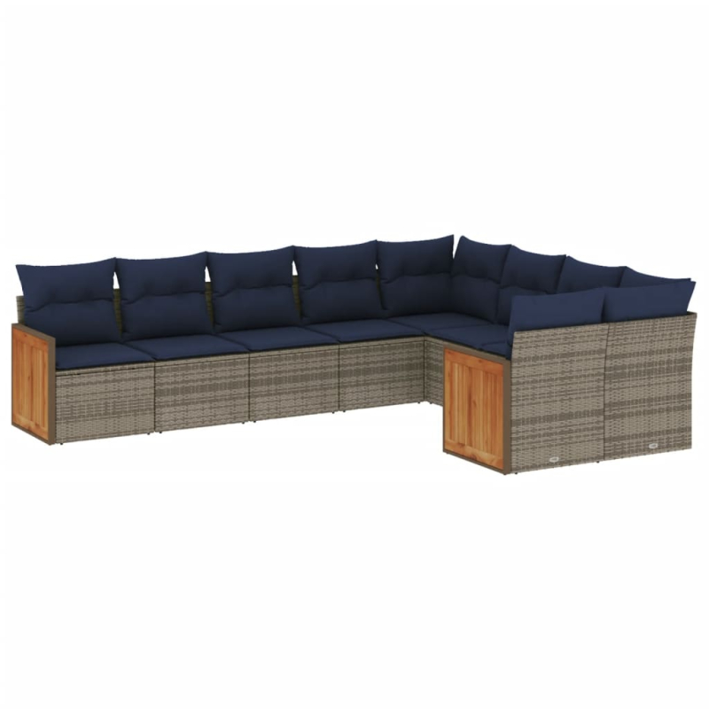 9-tlg. Garten-Sofagarnitur mit Kissen Grau Poly Rattan