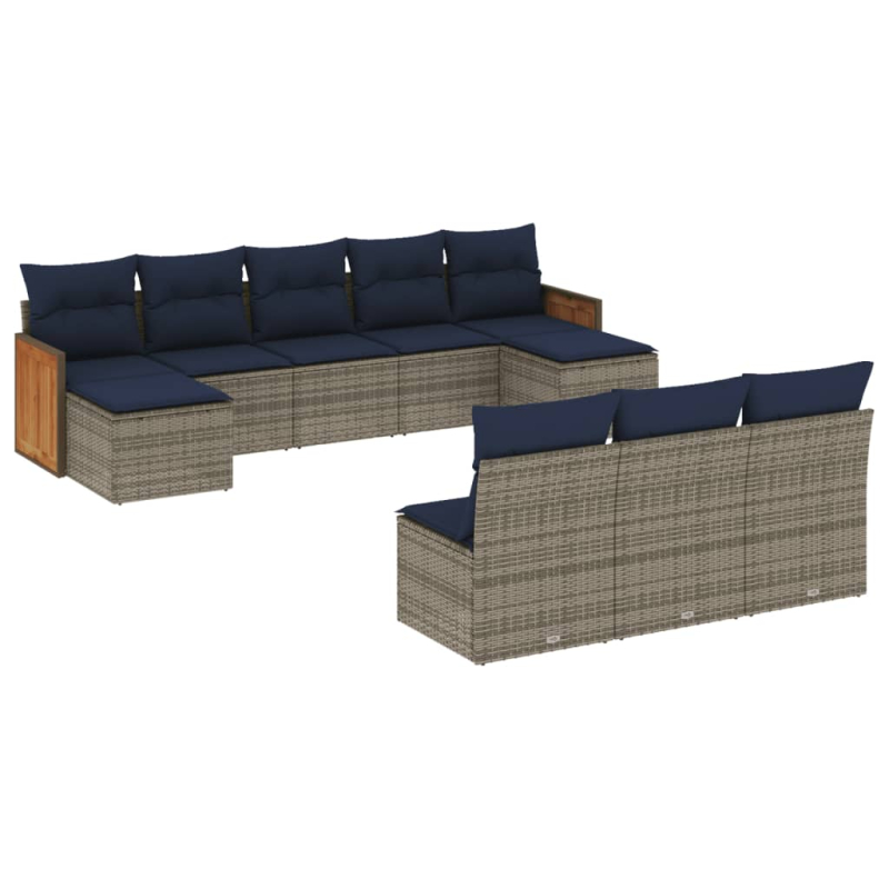 10-tlg. Garten-Sofagarnitur mit Kissen Grau Poly Rattan
