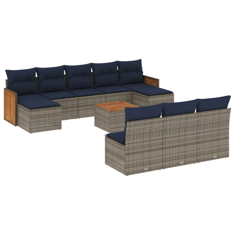 11-tlg. Garten-Sofagarnitur mit Kissen Grau Poly Rattan