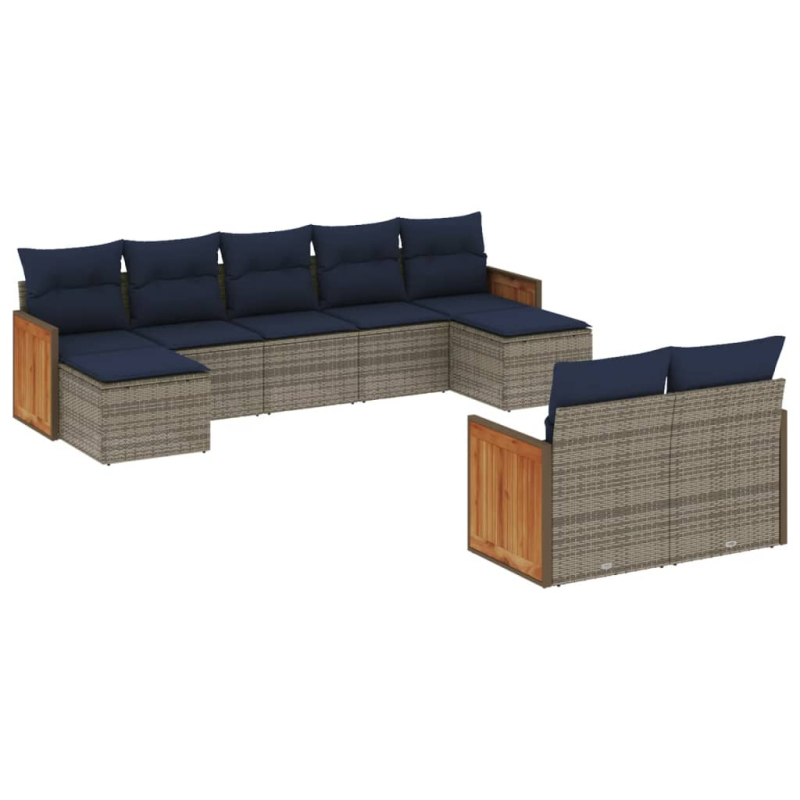 9-tlg. Garten-Sofagarnitur mit Kissen Grau Poly Rattan
